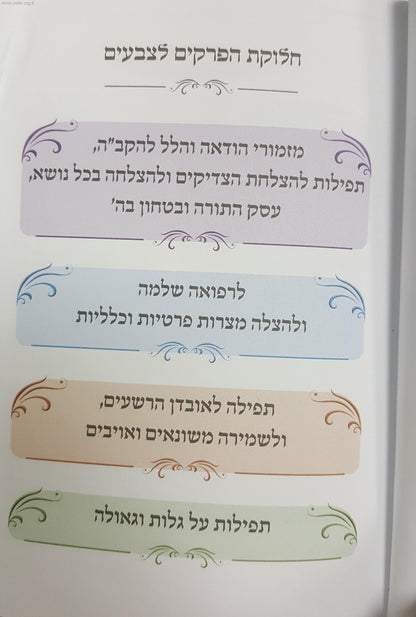 ספר תהילים תכלת וארגמן / מחולק בקטגוריות גונים לפי עניניהם, תחינותיהם וסגולותיהם