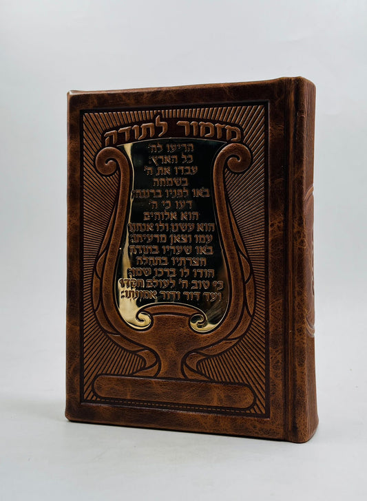 סידור עור עתיק פלקטה זהב 'מזמור לתודה' - נוסח ע"מ / צבע חום בהיר
